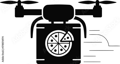 Drone delivers pizza a black and white illustration representing fast food delivery service with unmanned aerial vehicle technology