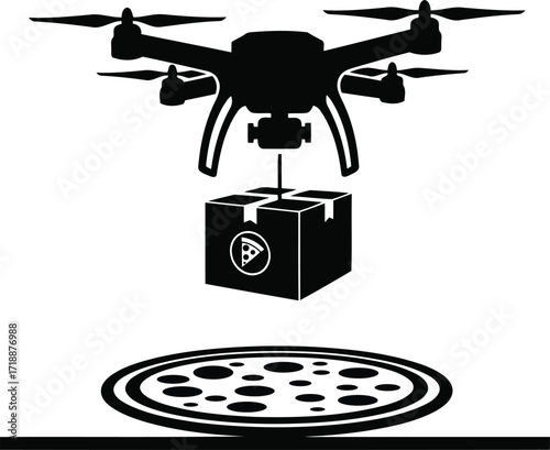 Drone delivers pizza a black and white vector illustration of future food delivery concept depicting pizza and quadcopter technology