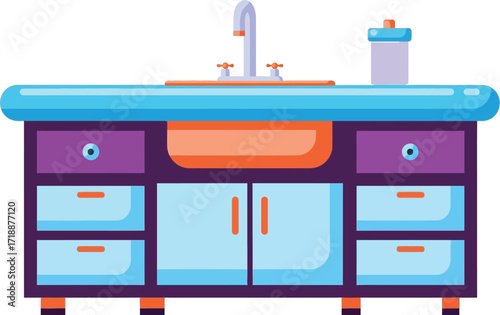 Colorful cartoon sink cabinet with drawers and storage doors editable vector