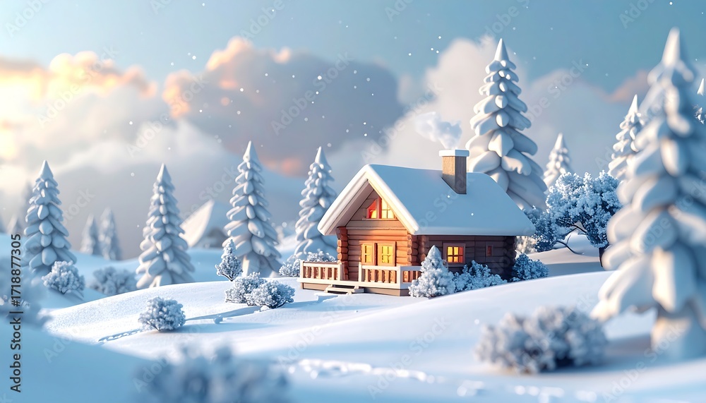 Naklejka premium Cozy Winter Cabin in a Snowy Landscape Illustration.
