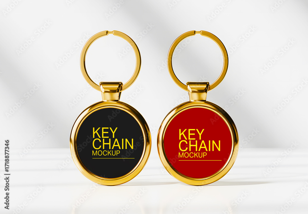 Golden Keychain Mockup With Black And Red Round Design Stock Template ...