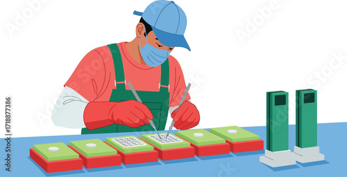 Cell culture research lab technician working on cell samples editable vector