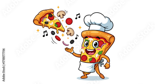 A cheerful cartoon pizza chef joyfully tosses delicious ingredients into the air, celebrating the art of cooking with a playful spirit.