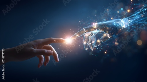 Humanoid robot arm reaches out to touch a glowing finger in a futuristic digital network environment representing artificial intelligence and technological advancement