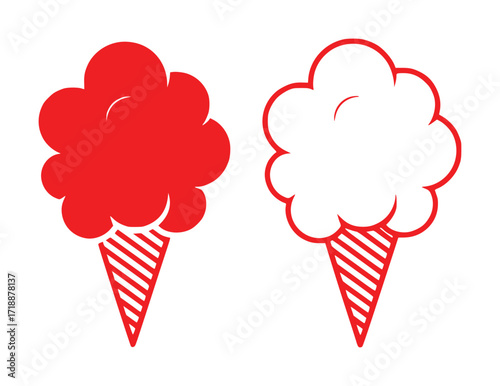 Two stylized cotton candy cones, one red, one white outline, on a white background