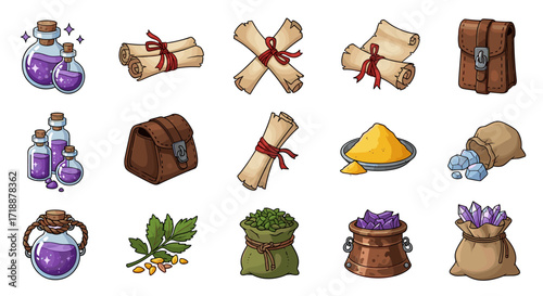 A collection of mystical alchemy ingredients and magical artifacts for fantasy role-playing games, presented as charming digital illustrations.