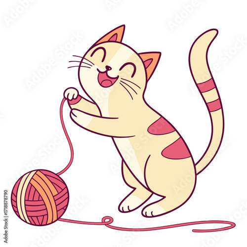 Happy cat playing with yarn ball, colorful flat vector, modern cute style, isolated character design