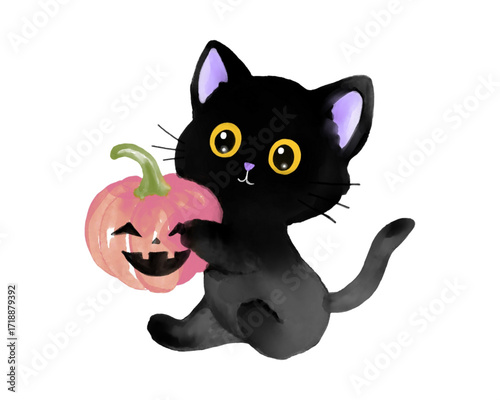 Cute black kitten holding a pink jack-o'-lantern pumpkin for a festive Halloween celebration