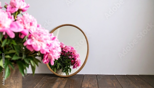 Fototapeta Naklejka Na Ścianę i Meble -  Pink peonies reflected in round mirror