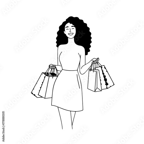 Black and white line art of a beautiful happy woman carrying shopping bags minimalist cheerful illustration
