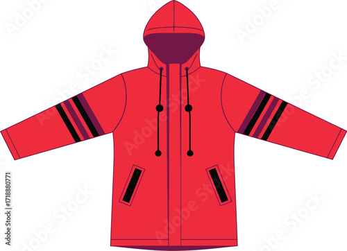 Red hooded raincoat with stripes for kids fashion apparel editable vector