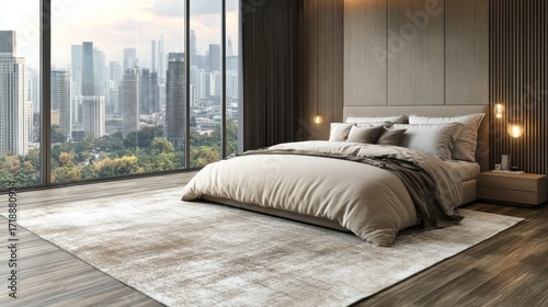 A modern bedroom boasts panoramic city views, featuring a neutral color palette and stylish, minimalist d?cor.