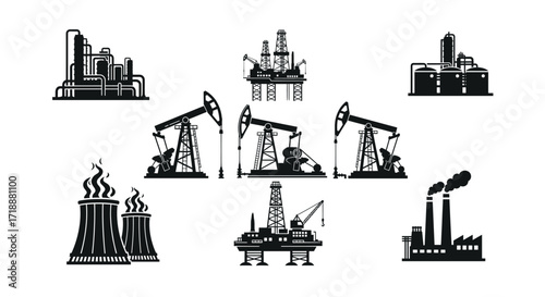 Black and white industrial illustration depicting oil rigs, oil refineries, nuclear power plants, and other industrial structures, for business and energy themes.