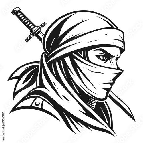 Intense warrior portrait with sword, showcasing strength and determination for gaming, esports, or fantasy designs; available as a scalable graphic