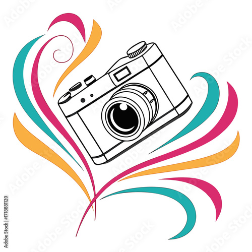 Stylish camera illustration with vibrant swirls of color, ideal for photography blogs or social media, capturing memories and creative expression
