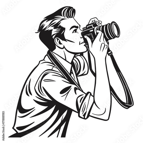 Stylish photographer capturing the moment, bold and modern design, retro vibe with classic camera, creative visual storyteller, graphic artwork, vector
