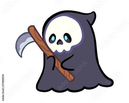 Cute Grim Reaper Halloween Illustration - A Friendly Skeleton Character Holding a Scythe for Spooky Fun