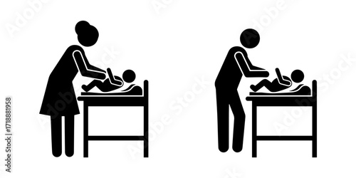 Stickman parents changing baby diaper. Vector pictogram of mother and father caring for child on changing table, childcare, parenting, infant care, family responsibility, newborn hygiene illustration.