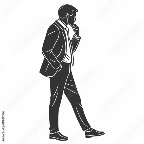 Silhouette of a thoughtful businessman in a suit contemplating strategy and future business decisions while walking with hand in pocket
