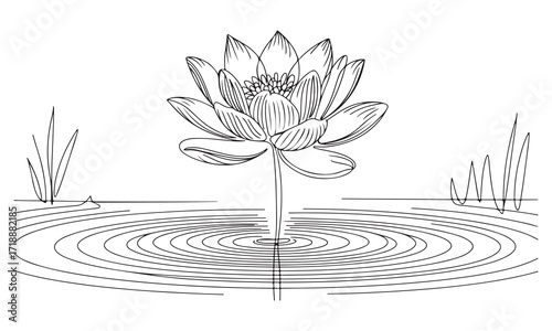 Line art  water lily drawing, One line Continuous water lily art, Hand drawn floral design.
