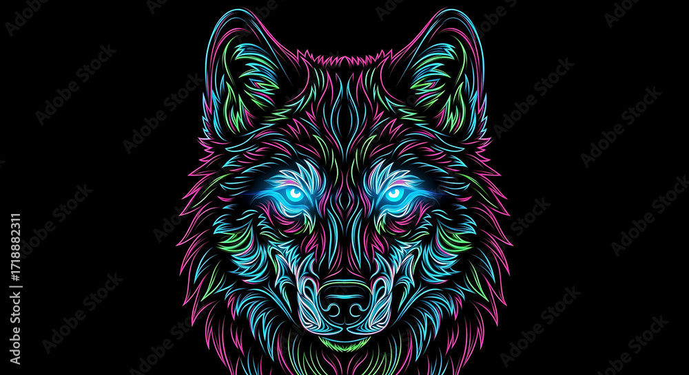 Obraz premium Neon Wolf Face Glowing Outline with Bright Eyes
