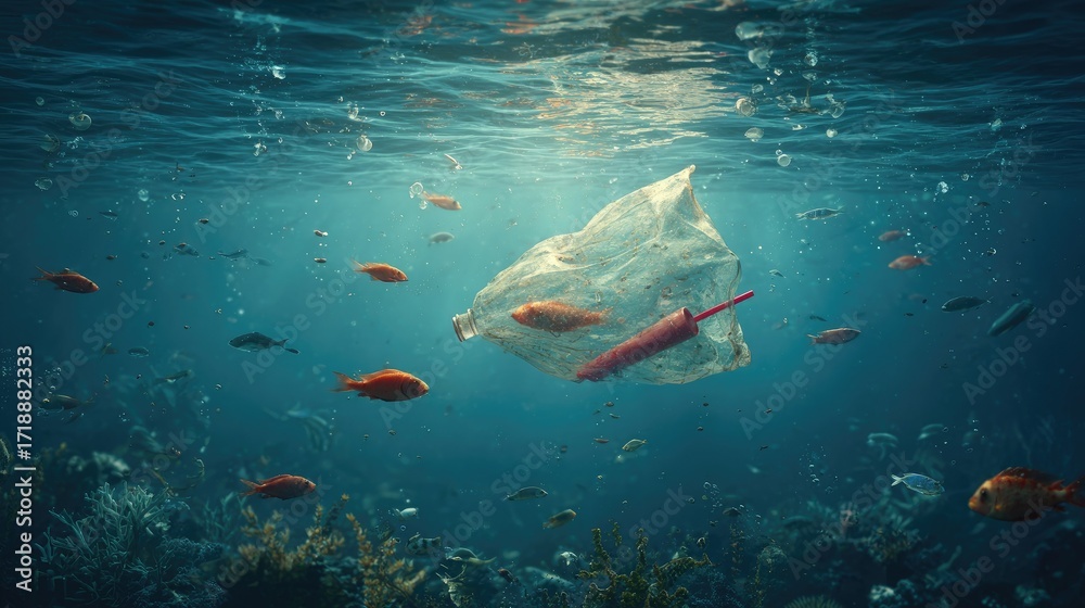 Fototapeta premium Plastic pollution in the ocean with schools of fish.