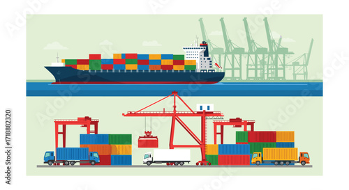 International Cargo Shipping and Logistics: Container Ship at Port with Cranes, Trucks, and Freight Containers for Global Trade and Transportation