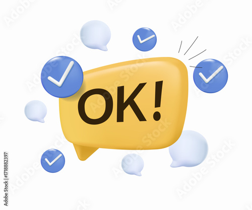 OK speech bubble. OK text tag. Done mark, yes or correct sign. Approved okay message. Done or Good deal symbol. Thank you tag. 3d checkmarks chat bubble. Vector