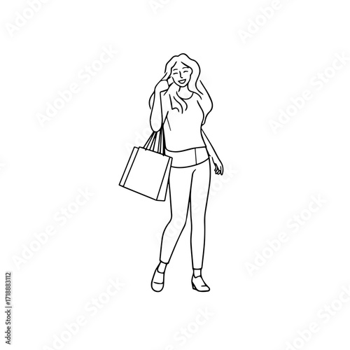 Black and white line art of a beautiful happy woman carrying shopping bags minimalist cheerful illustration