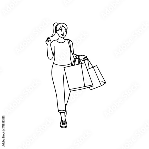 Black and white line art of a beautiful happy woman carrying shopping bags minimalist cheerful illustration