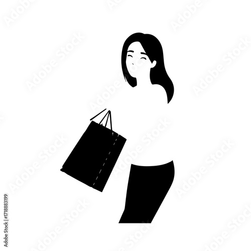 Black and white line art of a beautiful happy woman carrying shopping bags minimalist cheerful illustration