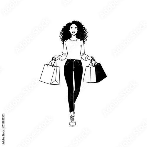 Black and white line art of a beautiful happy woman carrying shopping bags minimalist cheerful illustration