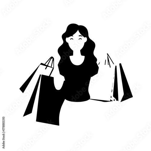 Black and white line art of a beautiful happy woman carrying shopping bags minimalist cheerful illustration