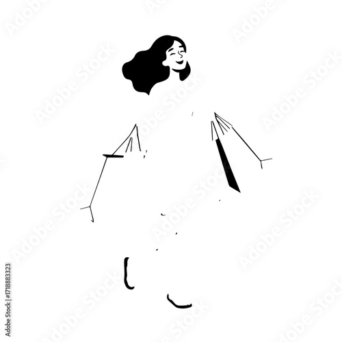Black and white line art of a beautiful happy woman carrying shopping bags minimalist cheerful illustration