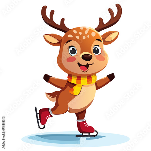 A cute reindeer skating in a scarf. Vector color cartoon illustration. Christmas winter character for cards and design.