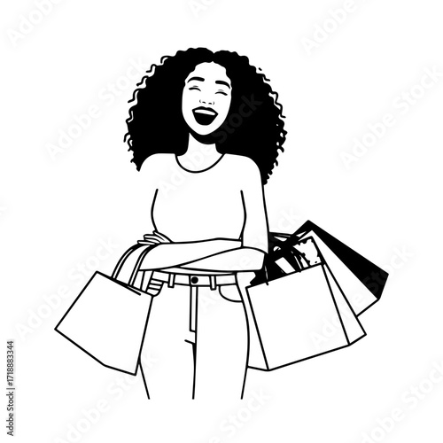 Black and white line art of a beautiful happy woman carrying shopping bags minimalist cheerful illustration