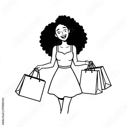 Black and white line art of a beautiful happy woman carrying shopping bags minimalist cheerful illustration