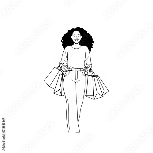Black and white line art of a beautiful happy woman carrying shopping bags minimalist cheerful illustration