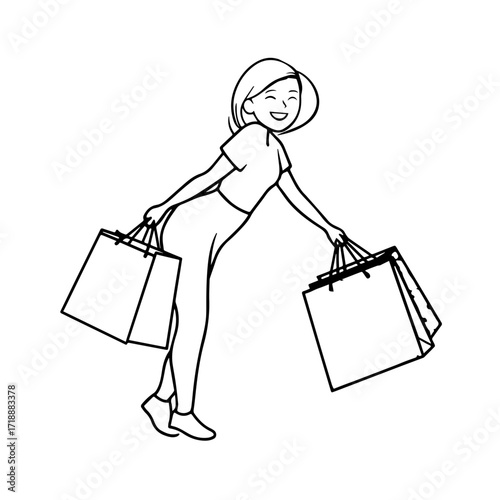 Black and white line art of a beautiful happy woman carrying shopping bags minimalist cheerful illustration