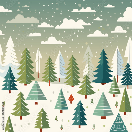 Snowy forest with fir trees vector illustration in scandinavian laconic style. Christmas natural background for postcards and invitations. New Year's backdrop of cold northern nature.	