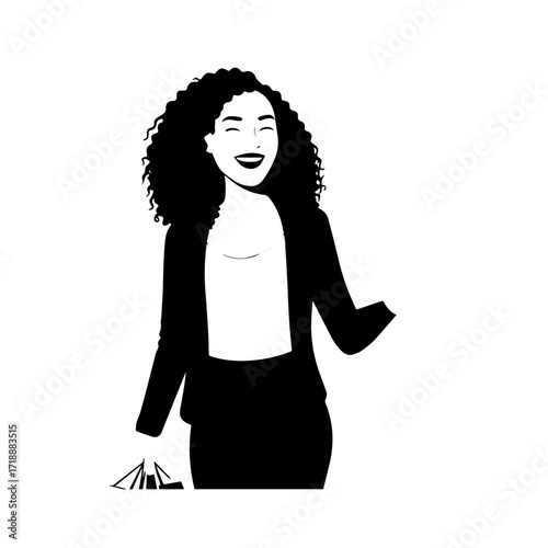 Black and white line art of a beautiful happy woman carrying shopping bags minimalist cheerful illustration