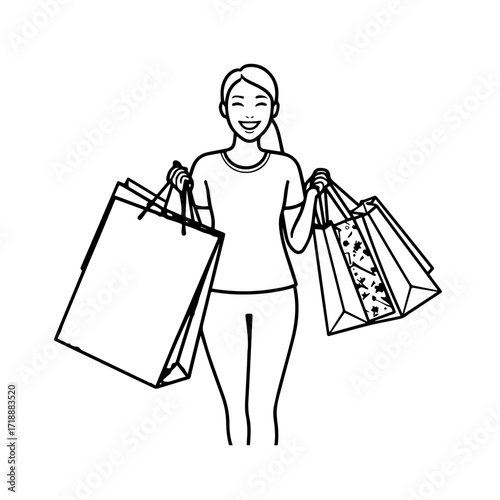 Black and white line art of a beautiful happy woman carrying shopping bags minimalist cheerful illustration