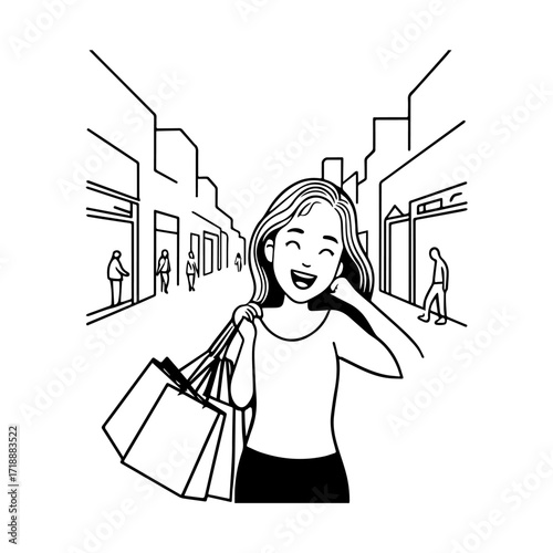 Black and white line art of a beautiful happy woman carrying shopping bags minimalist cheerful illustration