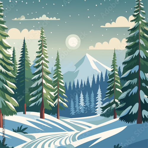 Snowy forest with fir trees vector illustration in scandinavian laconic style. Christmas natural background for postcards and invitations. New Year's backdrop of cold northern nature.	