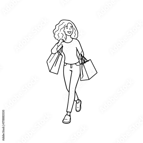 Black and white line art of a beautiful happy woman carrying shopping bags minimalist cheerful illustration