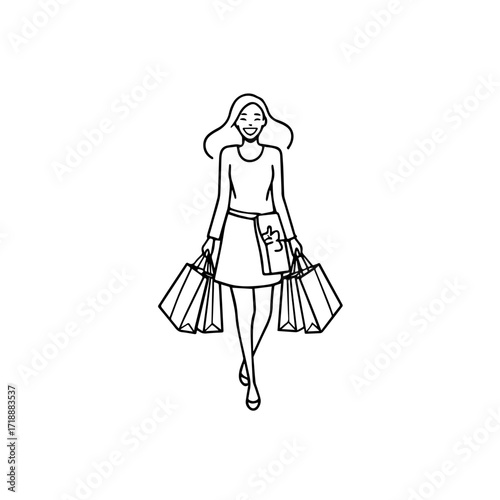Black and white line art of a beautiful happy woman carrying shopping bags minimalist cheerful illustration
