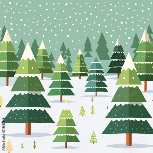 Snowy forest with fir trees vector illustration in scandinavian laconic style. Christmas natural background for postcards and invitations. New Year's backdrop of cold northern nature.	