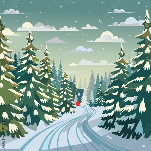 Snowy forest with fir trees vector illustration in scandinavian laconic style. Christmas natural background for postcards and invitations. New Year's backdrop of cold northern nature.	
