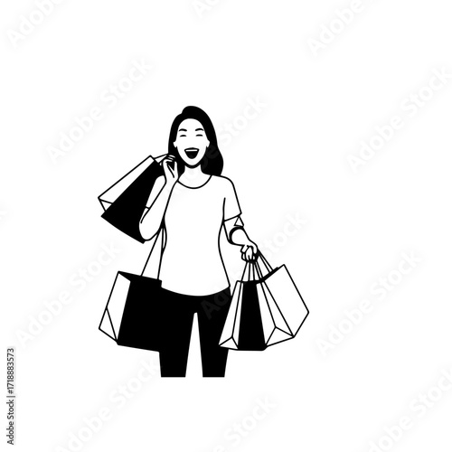 Black and white line art of a beautiful happy woman carrying shopping bags minimalist cheerful illustration
