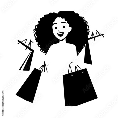 Black and white line art of a beautiful happy woman carrying shopping bags minimalist cheerful illustration